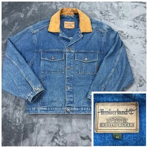 VTG 90s Timberland Denim Weathergear Trucker Jacket Mens M Blue Leather Collar